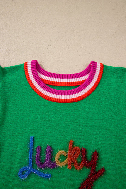 Bright Green Shiny Lucky Striped Flutter Sleeve Round Neck Sweater