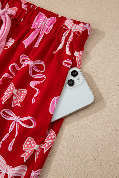 Red Sweet Bow Print Shirt Style Top Long 2pcs Pajama Set
