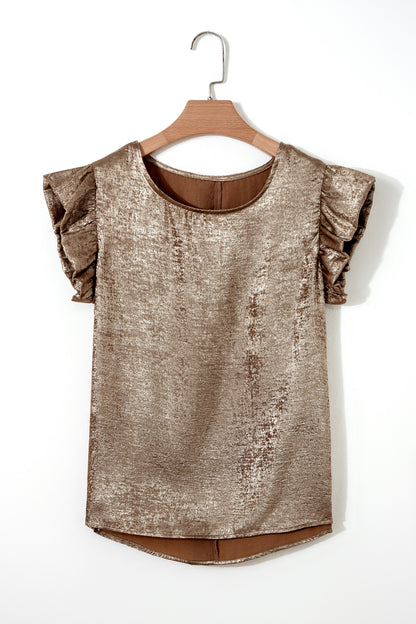 Gold Metallic Round Neck Ruffle Trim Sleeveless Top