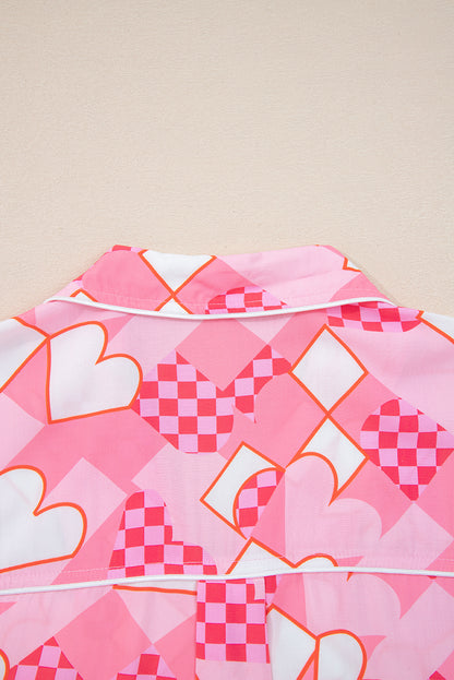Pink Heart Print Shirt Style Silky Short Pajama Set