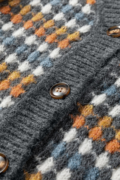 Multicolour Dotty Pattern Knit Button Front V Neck Sweater Cardigan