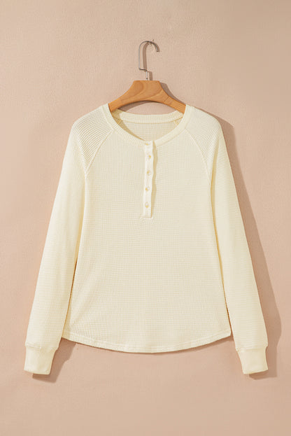 Oatmeal Textured Knit Half Buttons Henley Top