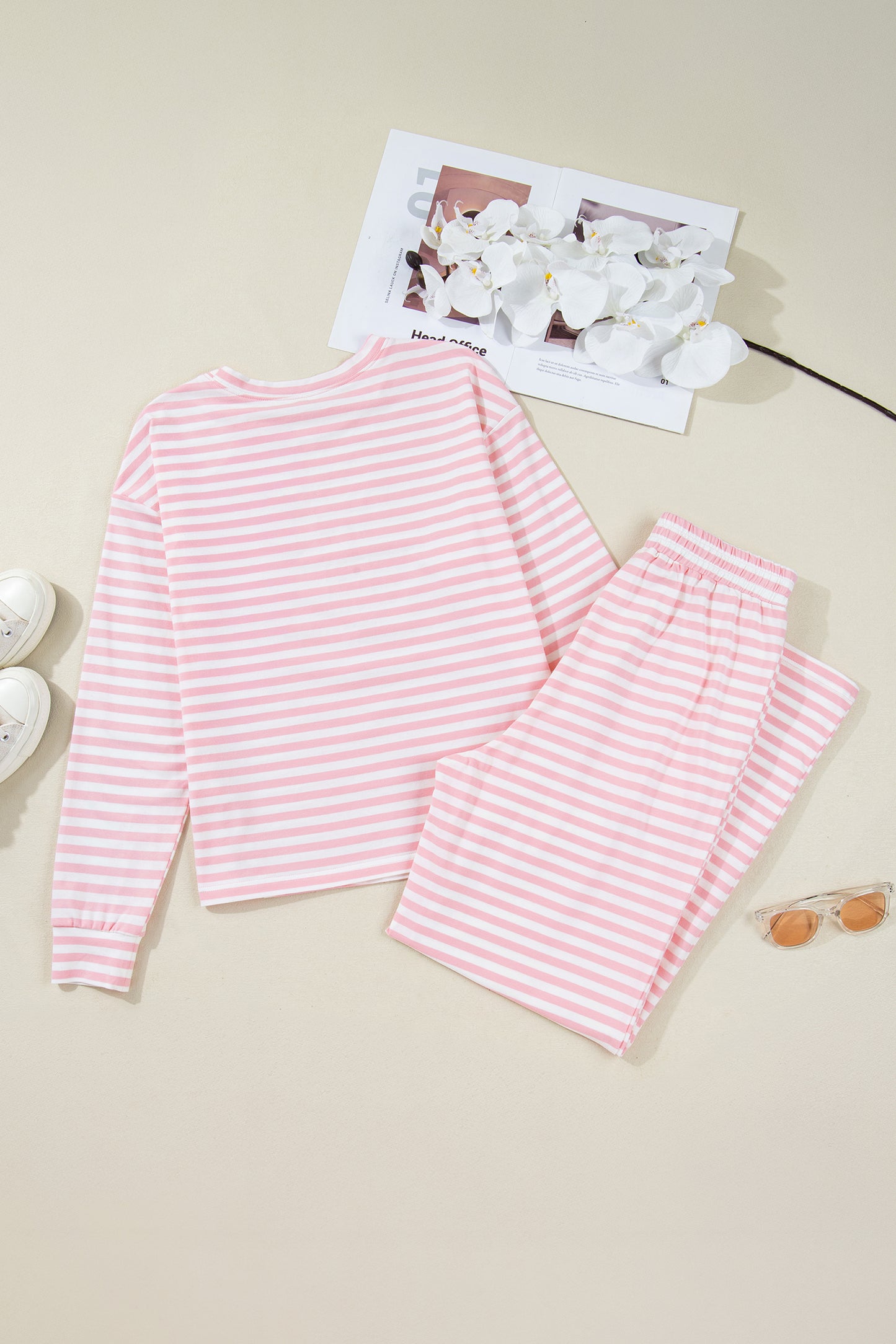 Rose Stripe Drop Shoulder Round Neck Top and Buttoned Straight Pants Two Piece Set
