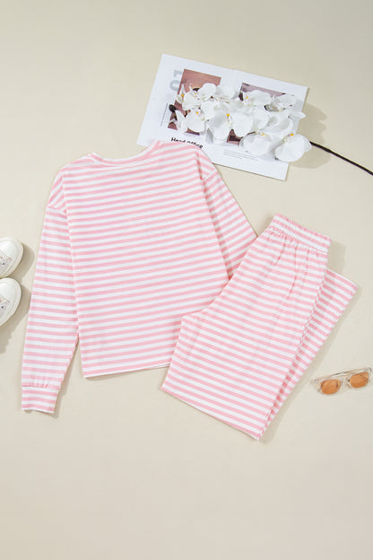 Rose Stripe Drop Shoulder Round Neck Top and Buttoned Straight Pants Two Piece Set