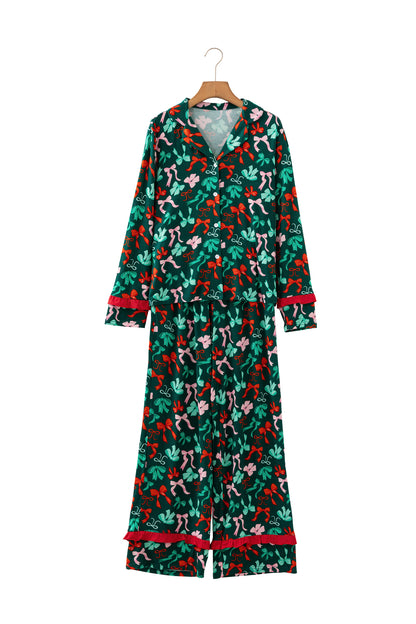 Green Festive Bow Print 2pcs Pajama Pant Set
