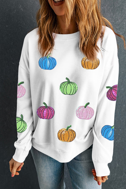 White Colorful Pumpkin Sequin Patched Drop Shoulder Sweatshirt