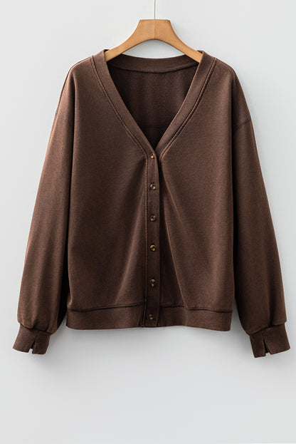 Coffee Button Front V Neck Casual Cardigan