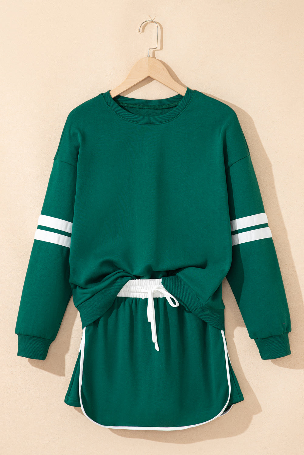 Evergreen Varsity Stripe Detail Drop Shoulder Pullover Mini Skirt Set