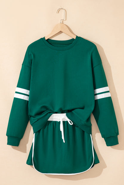 Evergreen Varsity Stripe Detail Drop Shoulder Pullover Mini Skirt Set
