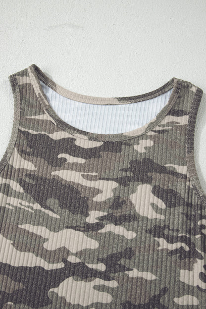 Green Camouflage Print Ribbed Knit Round Neck Tank Top