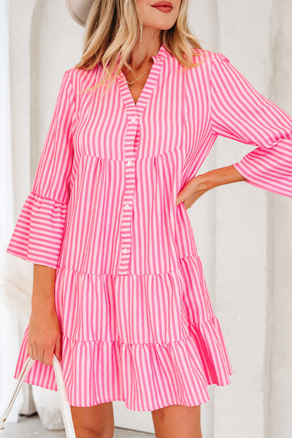Pink Stripe Flare Sleeve Half Placket Tiered Flowy Mini Dress