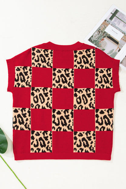 Red Leopard Checkerboard Short Sleeve Knit Sweater