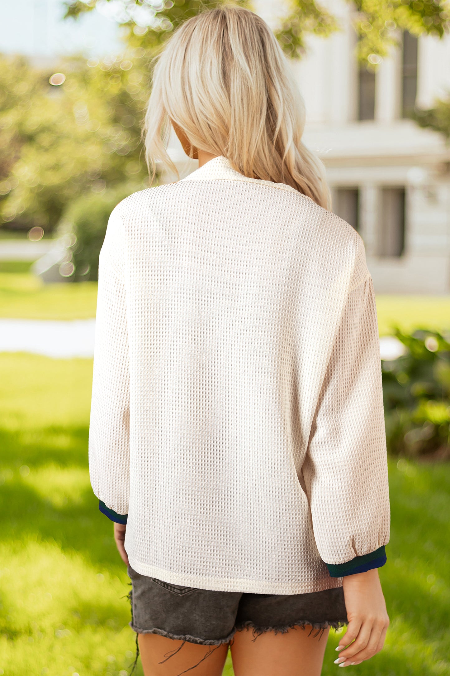 White Waffle Textured Contrast Polo Neck Zip up Jumper