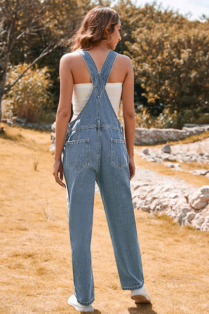 Dark Blue Retro Bib Pocket Buckle Straps Casual Denim Jumpsuit