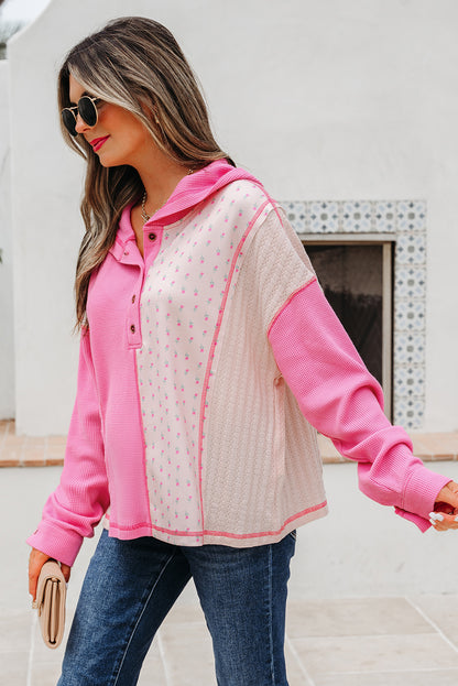Pink Mixed Texture Waffle Floral Patchwork Hooded Oversize Pullover
