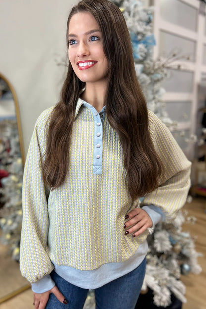 Beau Blue Button Front Jacquard Henley Sweatshirt