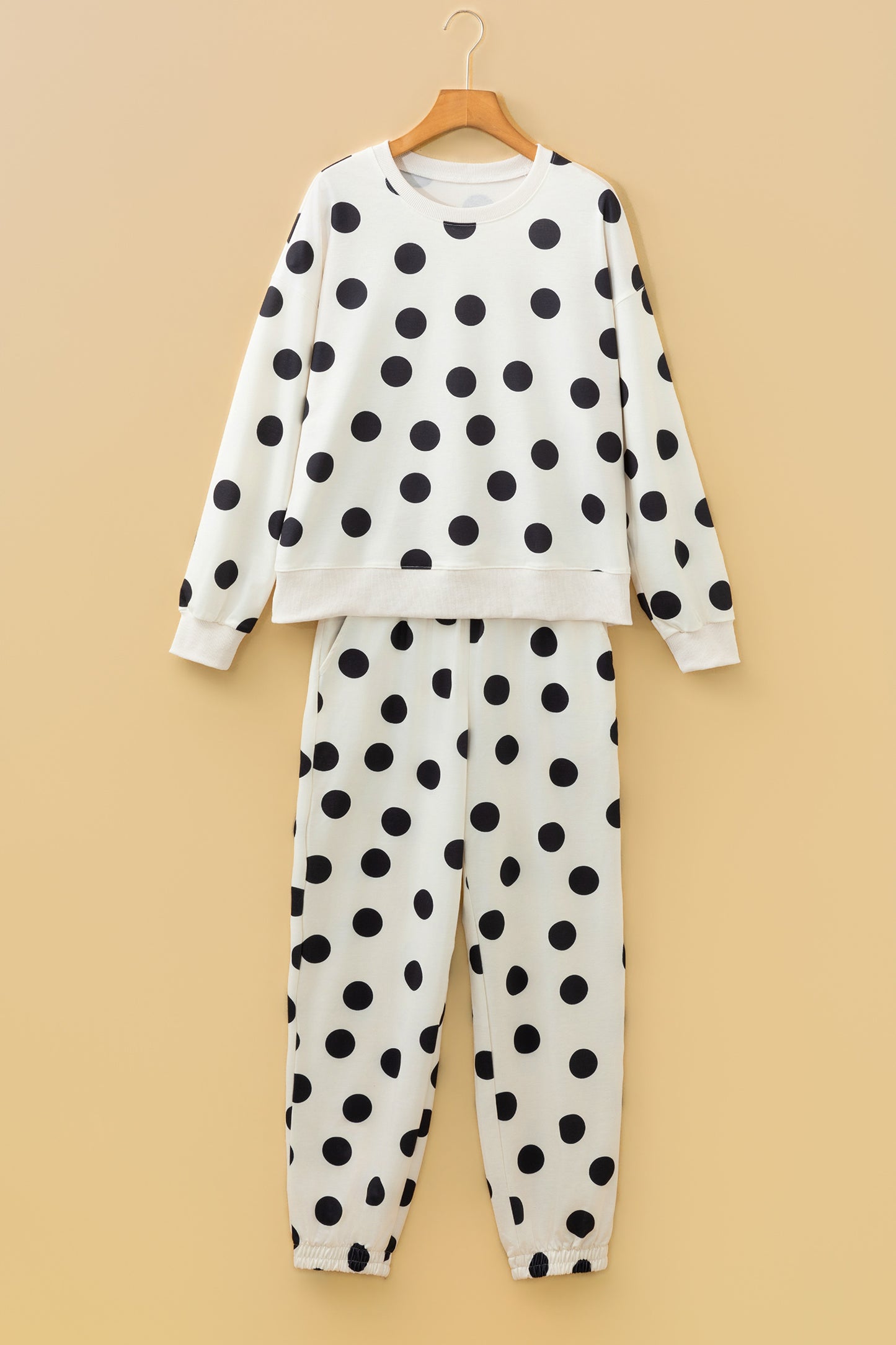 Beige Polka Dot Print Drop Shoulder Pullover Drawstring Jogger Pant Set