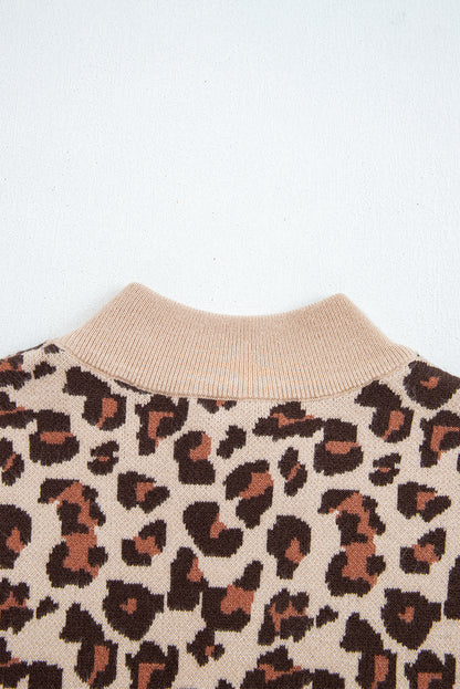 Khaki Leopard Print High Neck Shift Mini Sweater Dress
