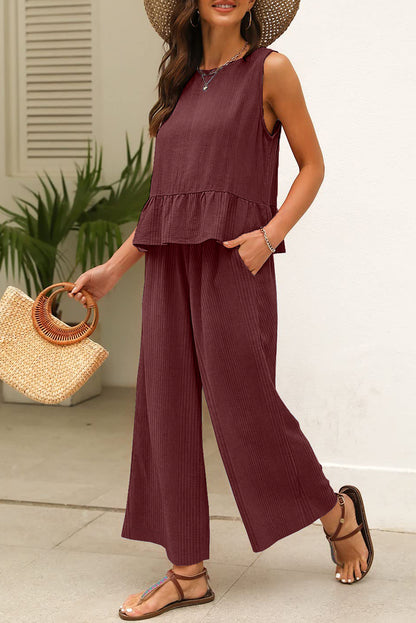 Black Solid Color Ribbed Ruffle Tank Top and Pants Set