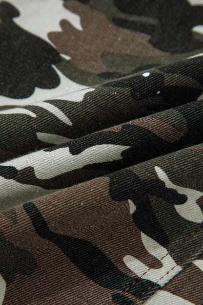 Green Camouflage Print Splashed Distressed Loose Denim Pants