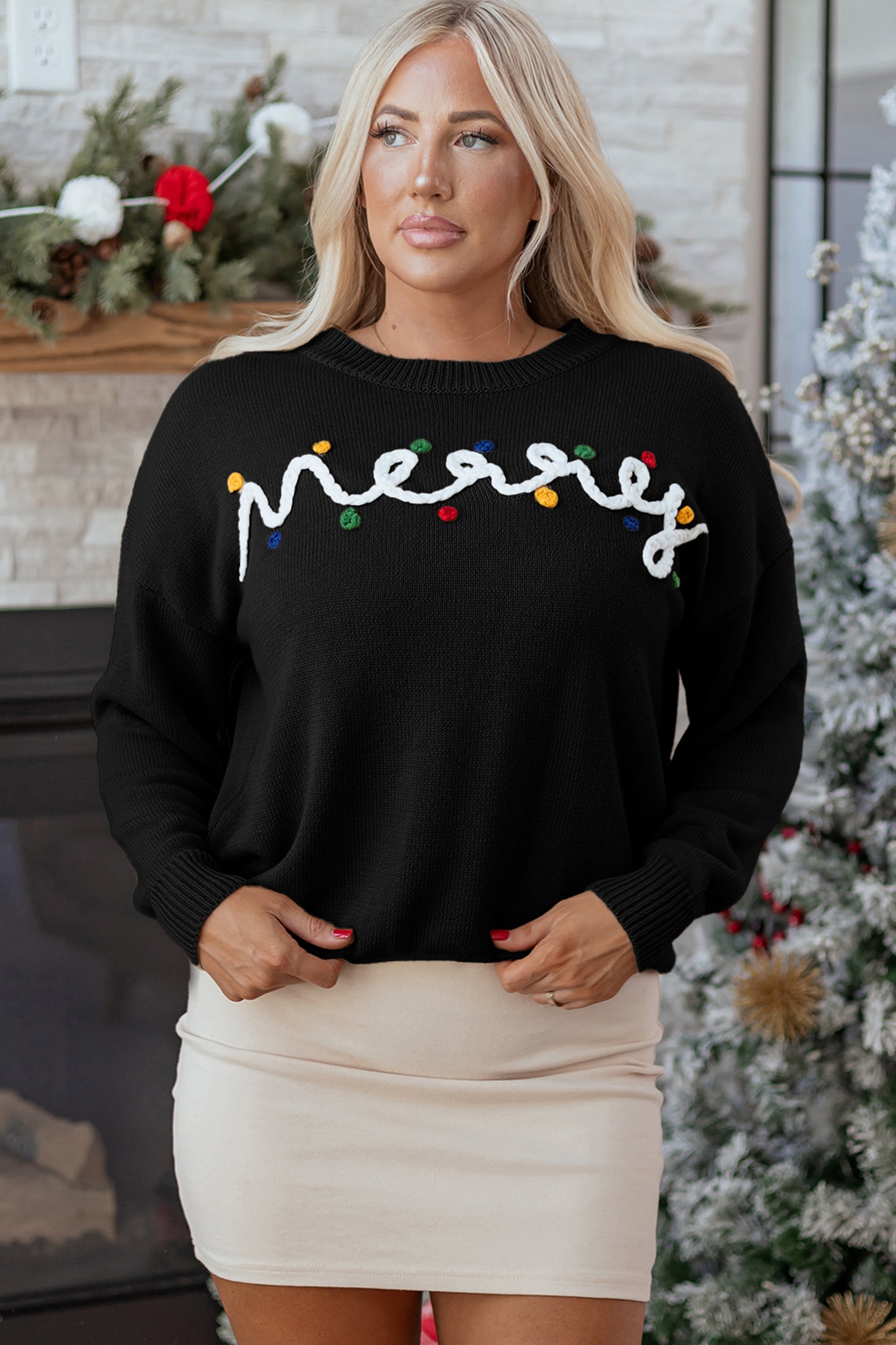 Black Merry Colorful Dot Detail Christmas Drop Shoulder Sweater