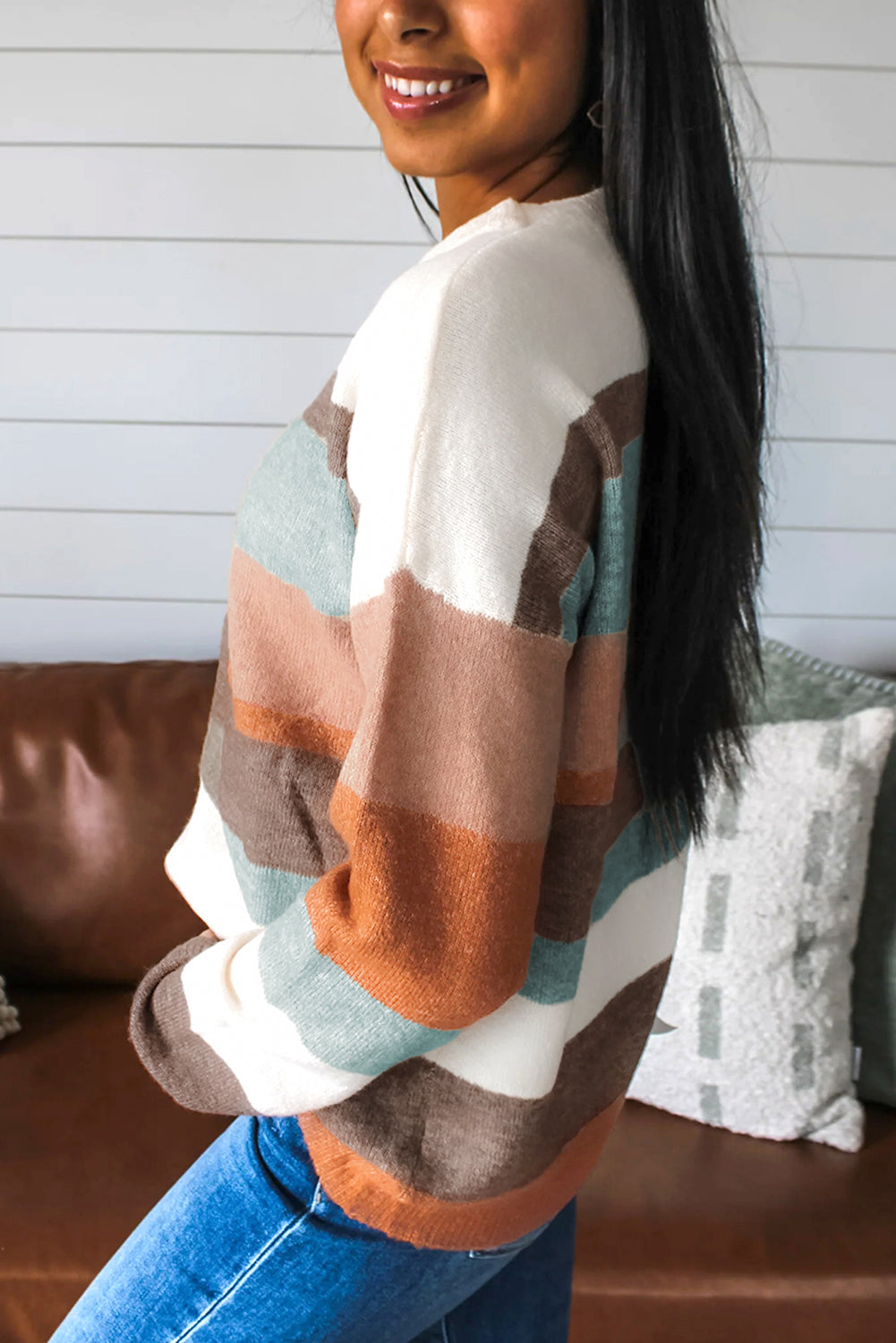 White Striped Color Block Knit Drop Shoulder Sweater