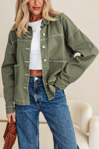 Smoke Green Patched Pocket Collared Button Front Boyfriend Denim Jacket