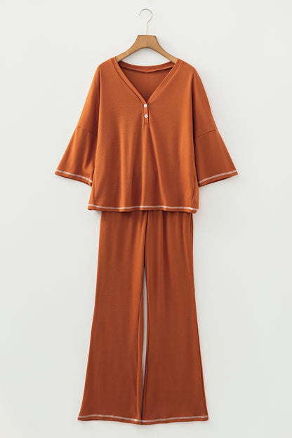 Grapefruit Orange Contrast Stitching Buttoned V Neck Half Sleeve Top and Drawstring Flare Pants Set
