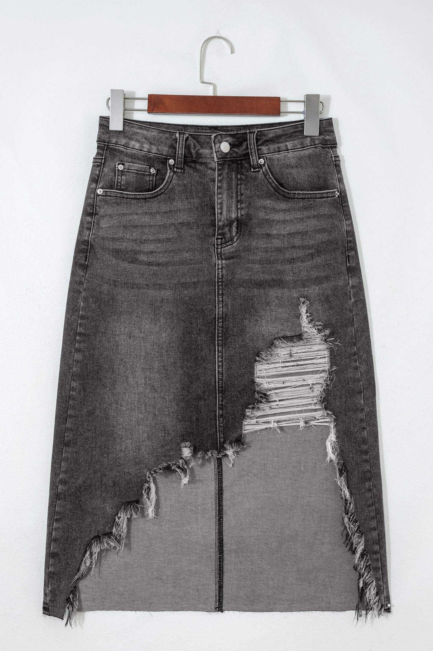 Dark Grey Irregular Distressed Bottom Denim Midi Skirt