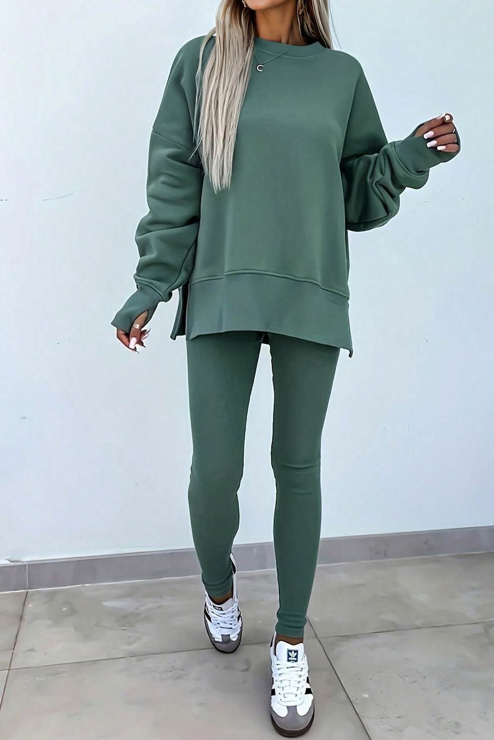 Green Bay Solid Color Oversize Slit Sweatshirt Ribbed Leggings 2pcs Set