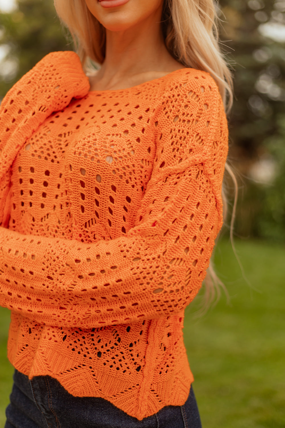 Carrot Solid Color Open Crochet Scallop Edge Sweater