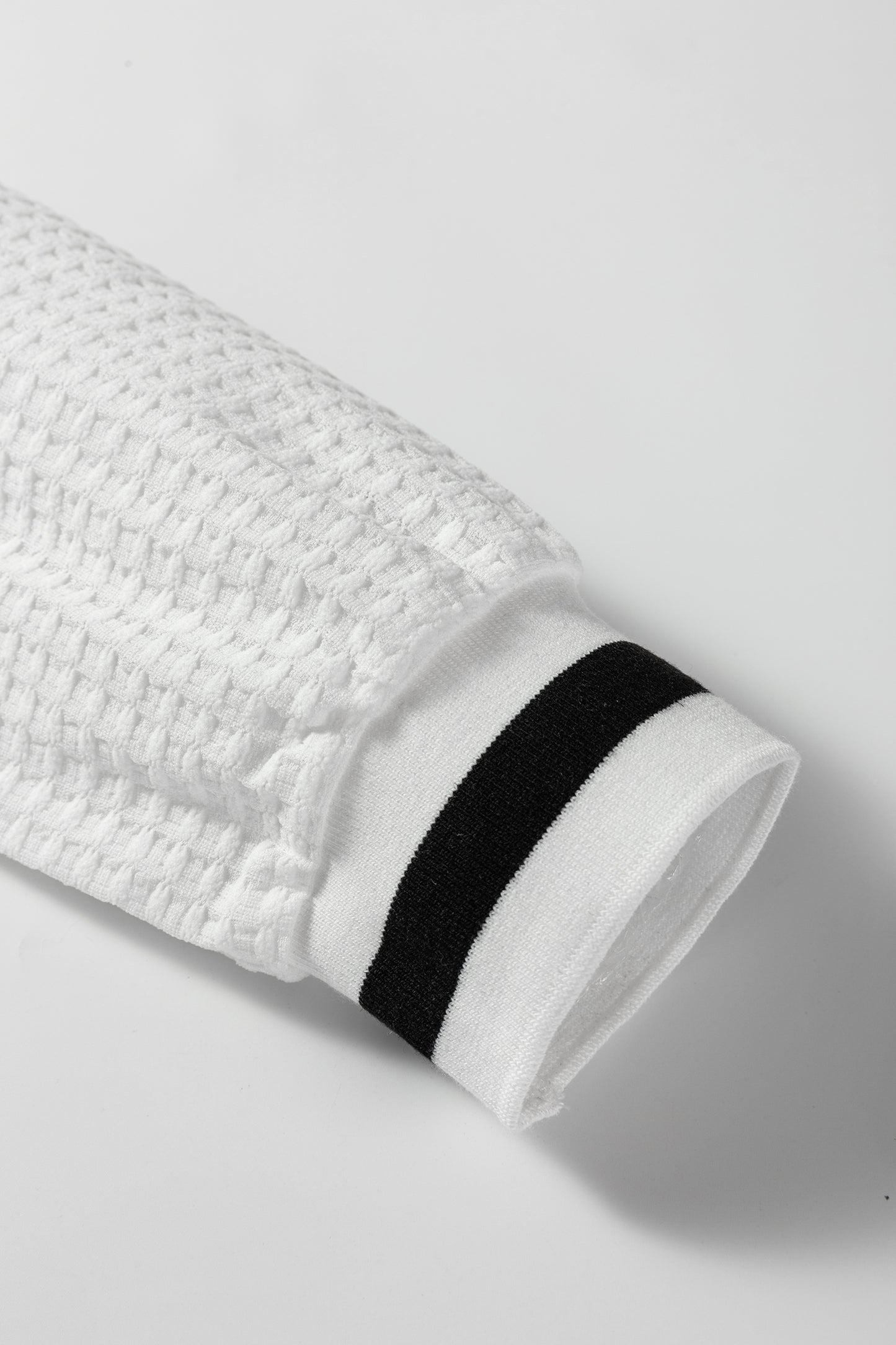 White Textured Knit Preppy Striped Trim V Neck Pullover Waffle Top