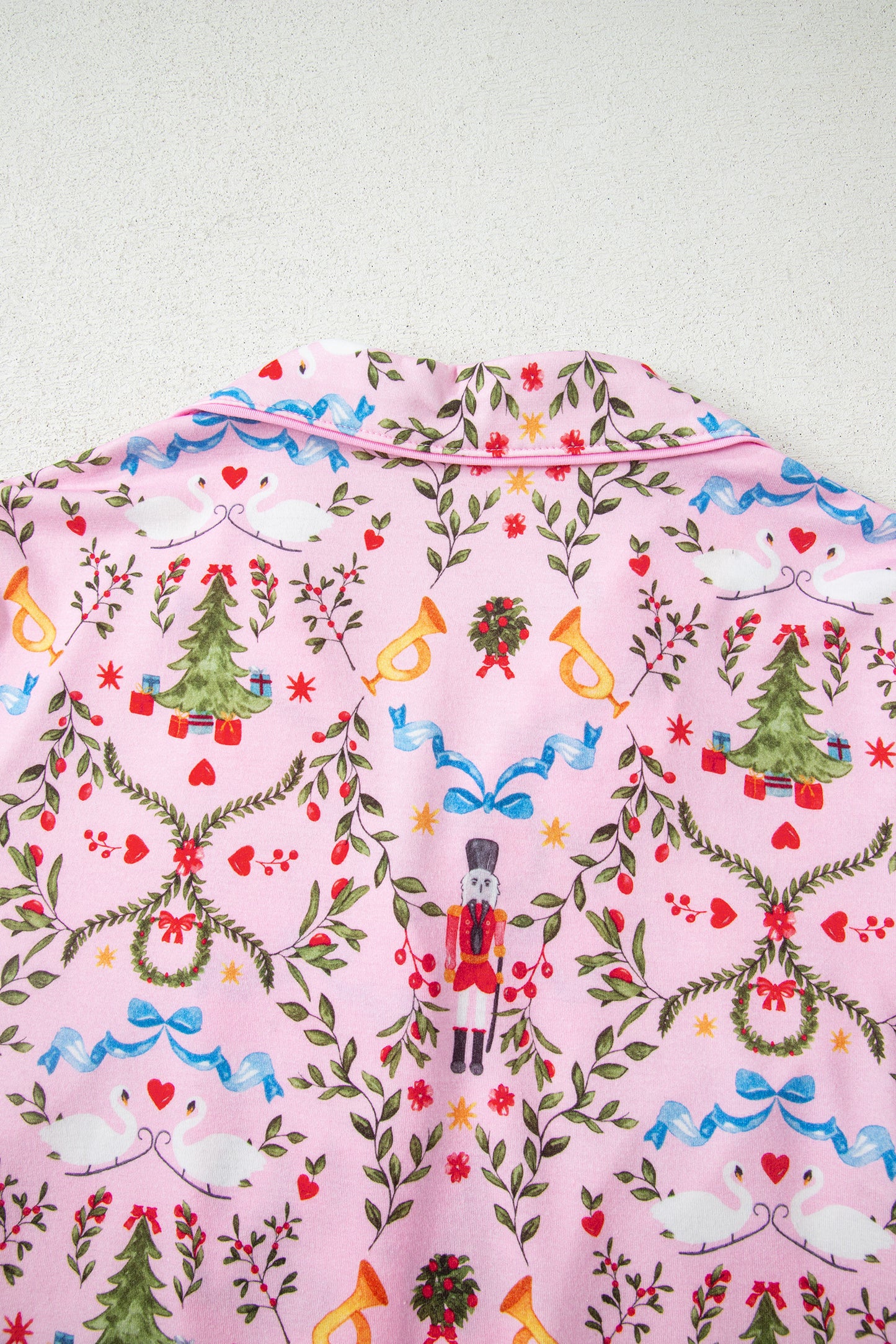 Pink Nutcracker Doll Christmas Print Ribbon Tie Waist Short 2pcs Pajama Set