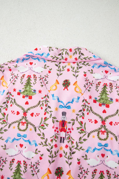 Pink Nutcracker Doll Christmas Print Ribbon Tie Waist Short 2pcs Pajama Set