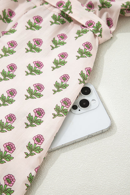 Pink Floral Print V Neck Scallop Trim Button Front Short Sleeve Long Dress