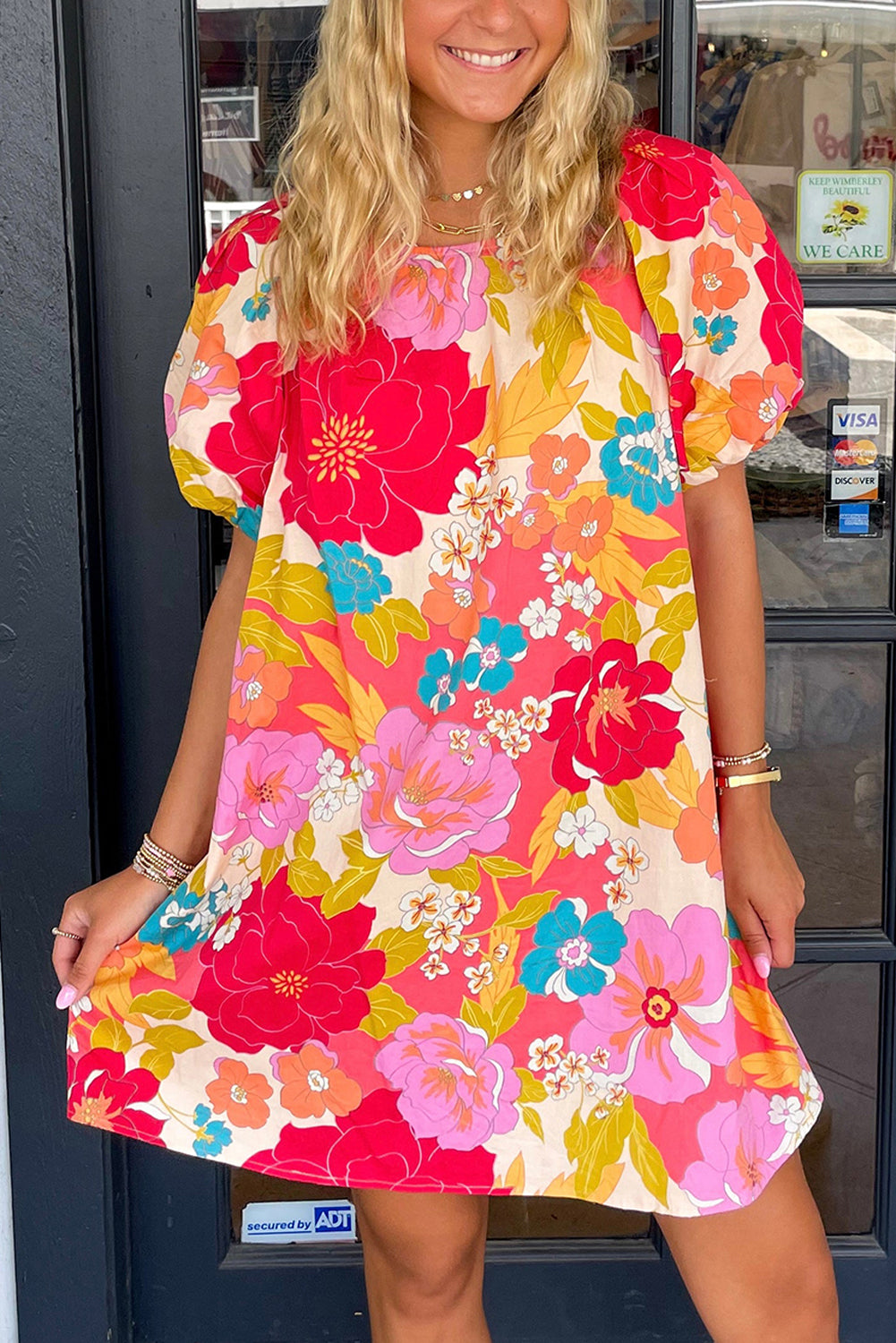 Pink Floral Print Bubble Short Sleeve Dress
