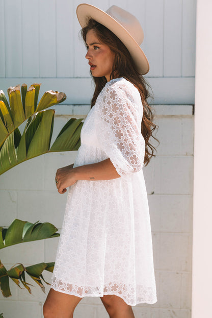 White Floral Lace Puff Sleeve Empire Waist Mini Dress