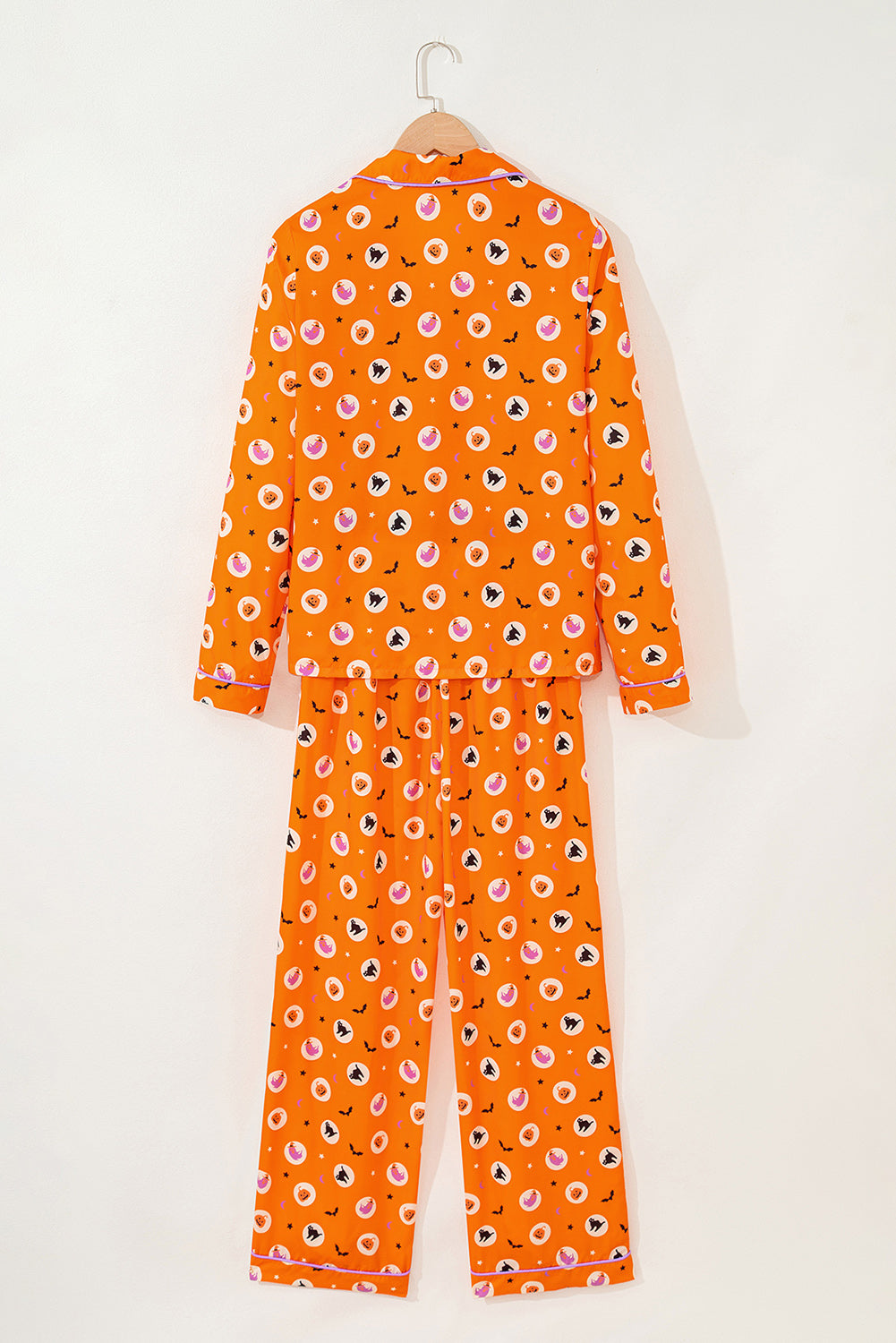 Orange Halloween Print Lapel Shirt Long 2pcs Pajama Set