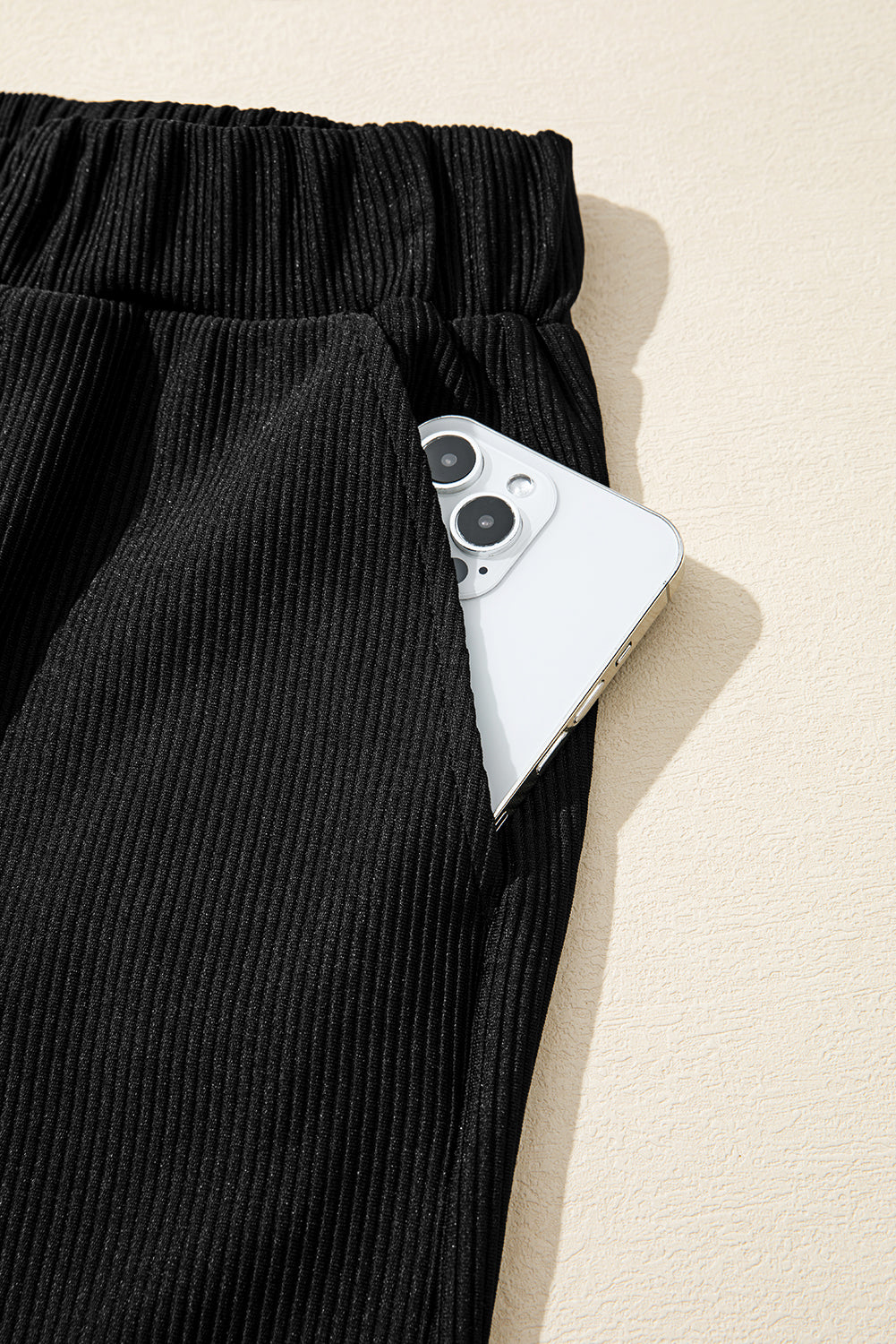 Black Ribbed Texture Baggy Drop Shoulder Pullover and Shorts Set