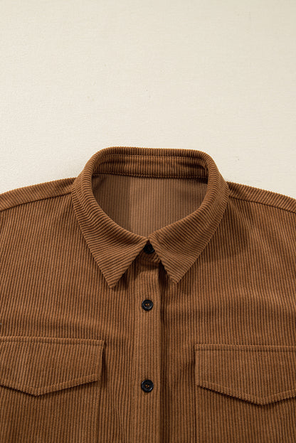 Camel Corduroy Full Buttoned Collared Shirt Style Plus Size Dress