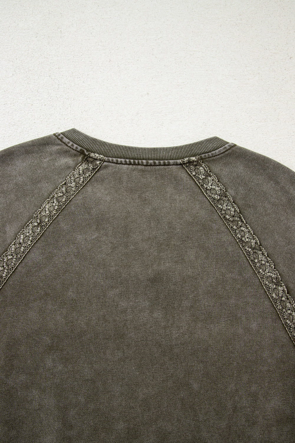 Jungle Green Lace Patchwork Detail Notched Neck Mineral Wash Baggy Sweatshirt