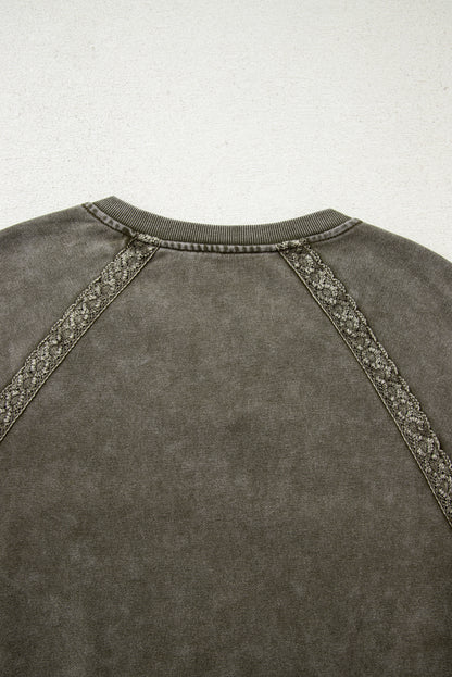 Jungle Green Lace Patchwork Detail Notched Neck Mineral Wash Baggy Sweatshirt
