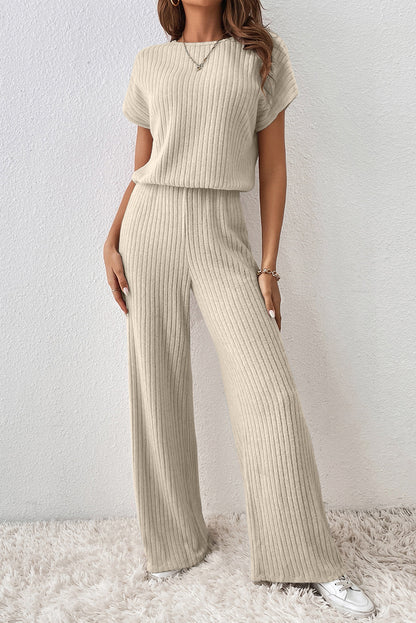 Black Ribbed Keyhole Short Sleeve Wide Leg Jumpsuit
