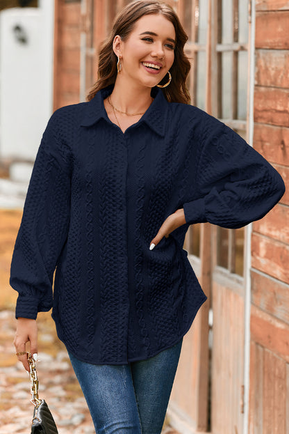 Black Cable Texture Puff Sleeve Loose Shacket