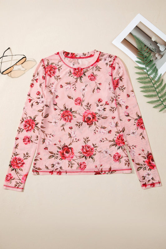 Pink Floral Print Exposed Seam Detail Mesh Long Sleeve Top