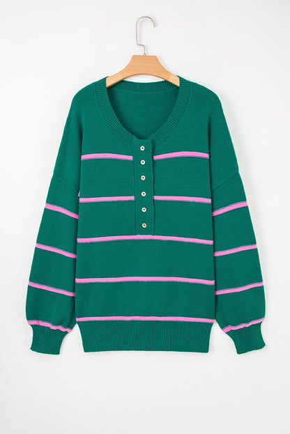 Green Stripe Half Buttons Drop Shoulder Plus Size Sweater