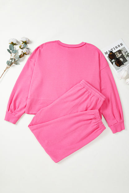 Bright Pink Plus Size Henley Drop Shoulder Pullover and Jogger Pants Two Piece Set