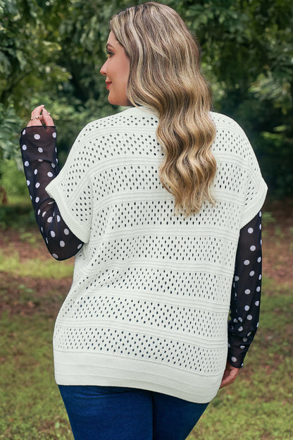 White Plus Size Eyelet Hollow Out Knit Ribbed Trim Short Sleeve Dolman Sweater