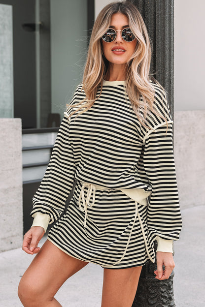 Brown Stripe Textured Drop Shoulder Pullover Top Drawstring Mini Skirt Two Piece Dress Set