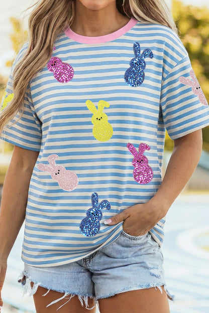 Sky Blue Stripe Sequin Easter Bunny Patched Drop Shoulder Tee